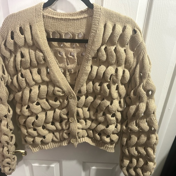 Chunky Hollow Out Knit Khaki Cardigan - Picture 8 of 11